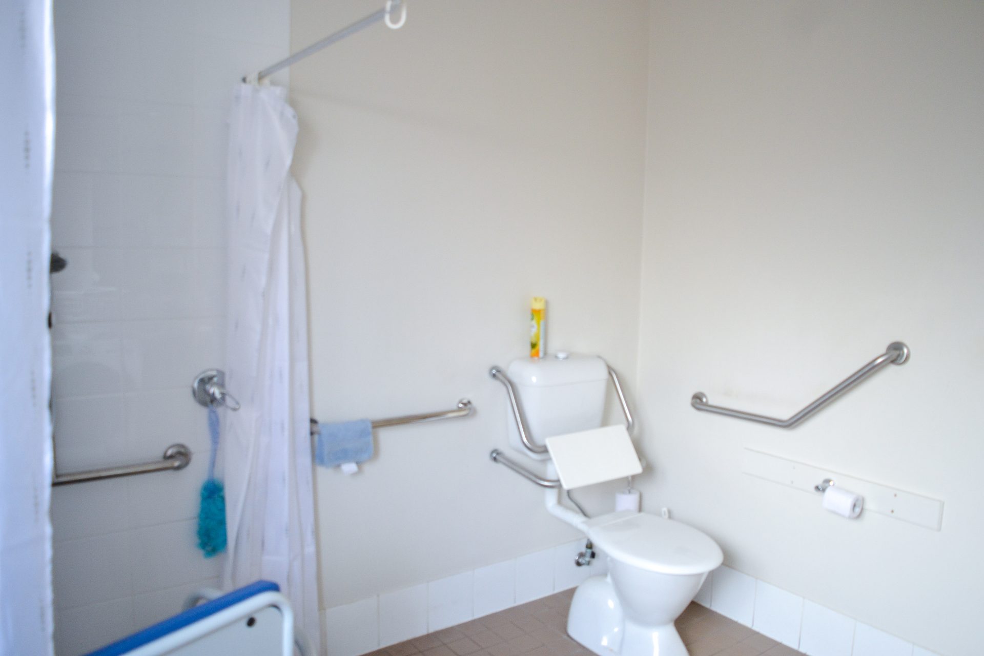 The bathroom has beige small floor tiles, white wall tiles around the shower and white paint throughout. Safety and shower rails have been installed throughout. 